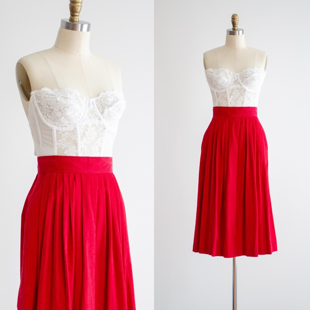 Vintage Corduroy Midi Skirt 80s Cottagecore S Red Pockets High Waisted Cotton